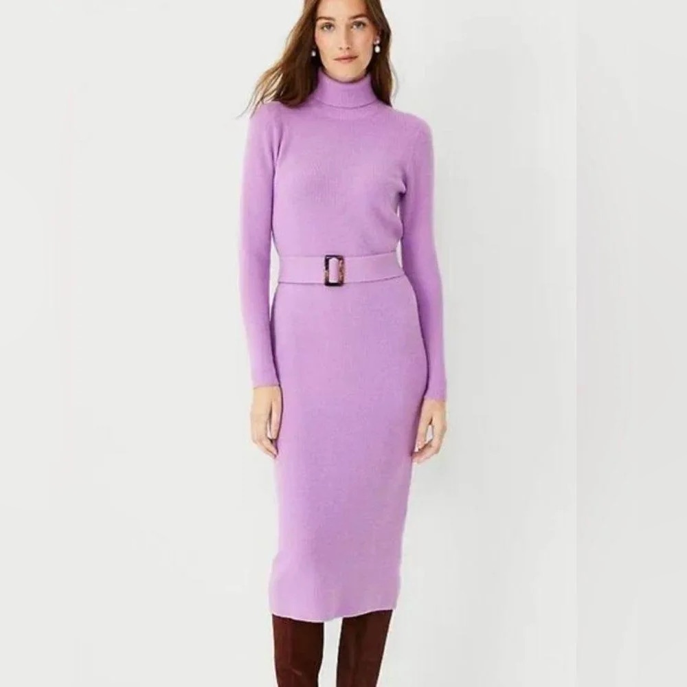 Ann Taylor Belted Sweater Dress Orchid Purple Turtleneck Christmas Gift